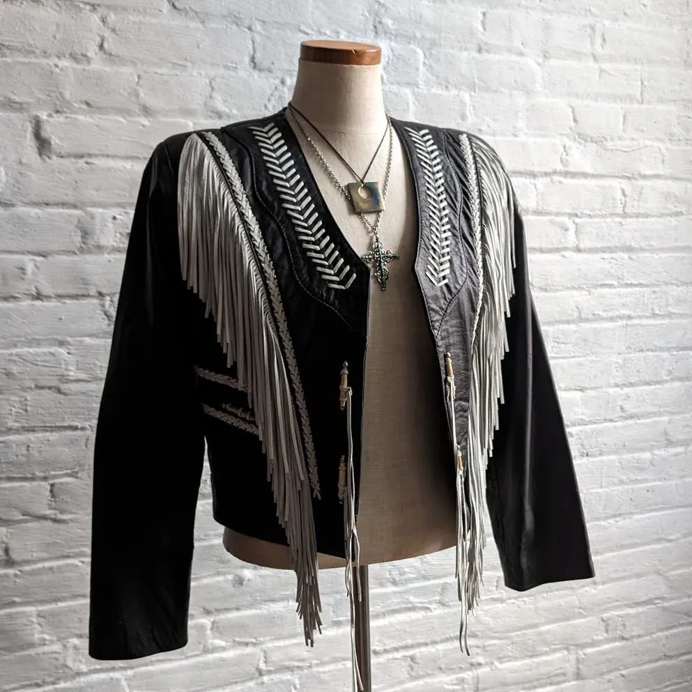 Vintage Black Leather Fringe Biker Jacket Cropped Two Tone Western Moto Shacket