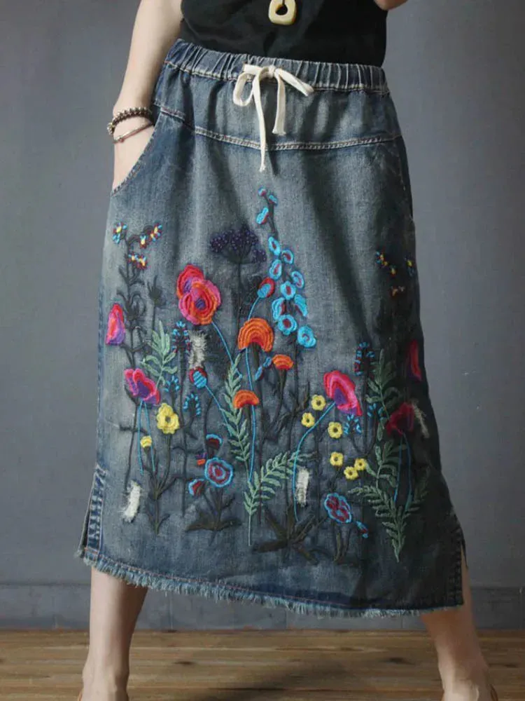 Vintage Loose Embroidery Denim Skirt Ladies Casual Floral Streetwear