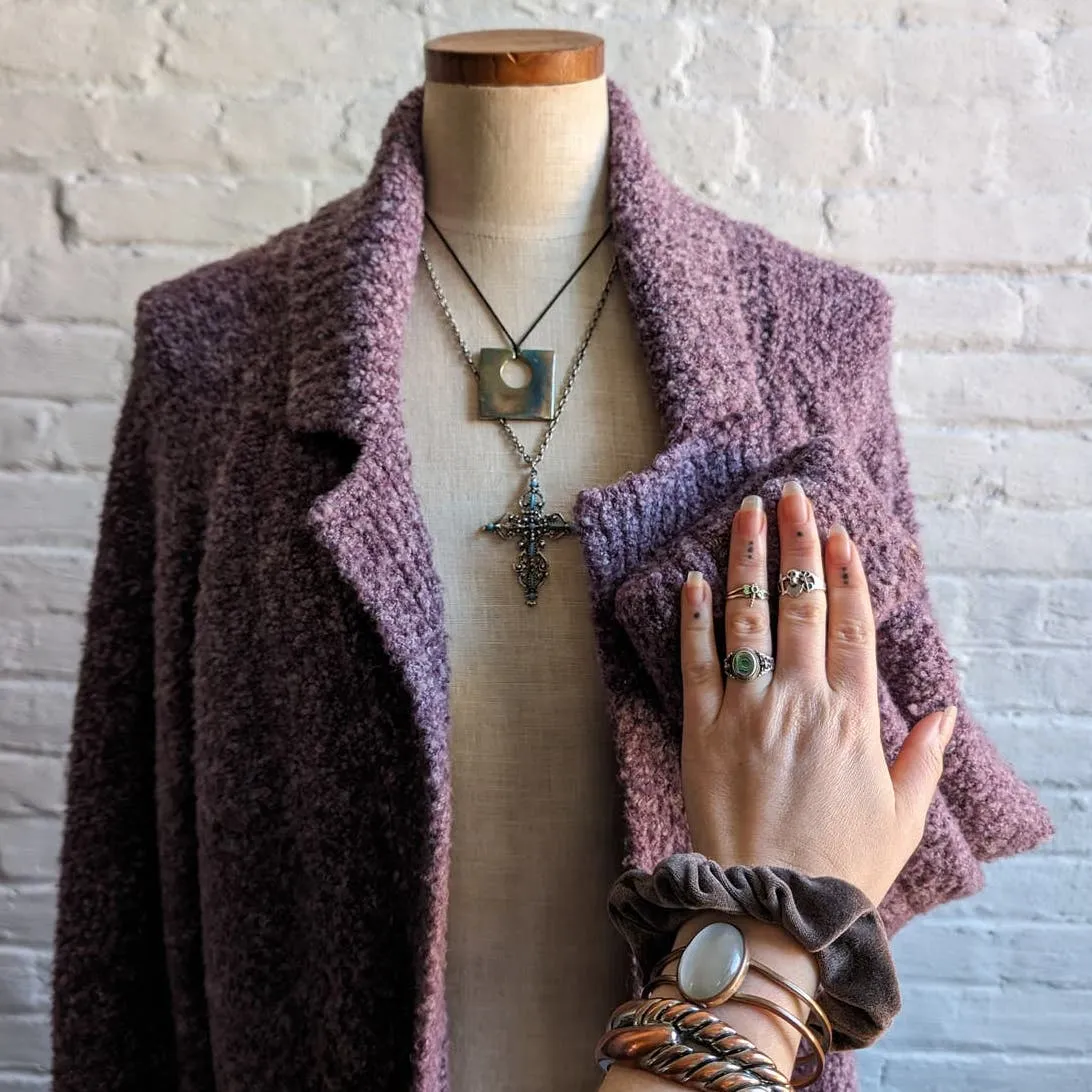 Vintage Purple Knit Long Wool Cardigan Shaggy Oversize Lavender Boho Sweater Top