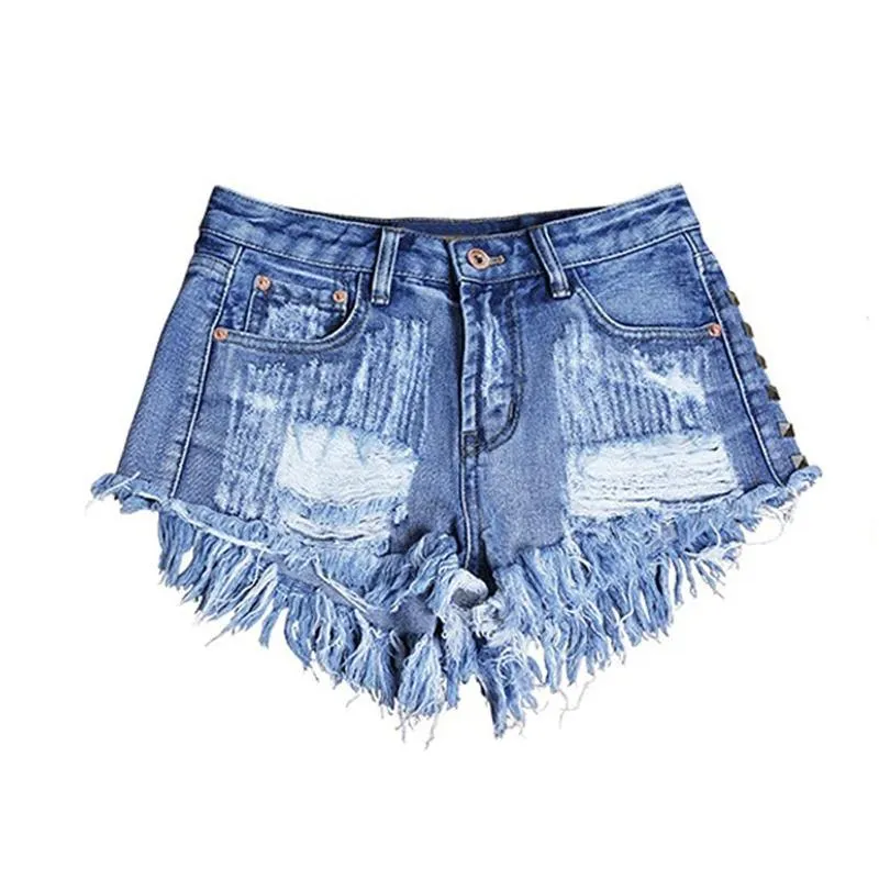 Vintage Tassel Rivet Ripped High Waist Denim Short