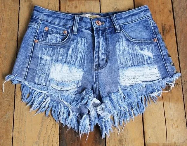 Vintage Tassel Rivet Ripped High Waist Denim Short