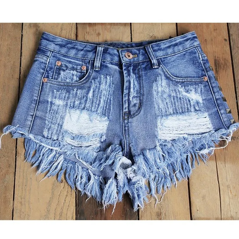 Vintage Tassel Rivet Ripped High Waist Denim Short