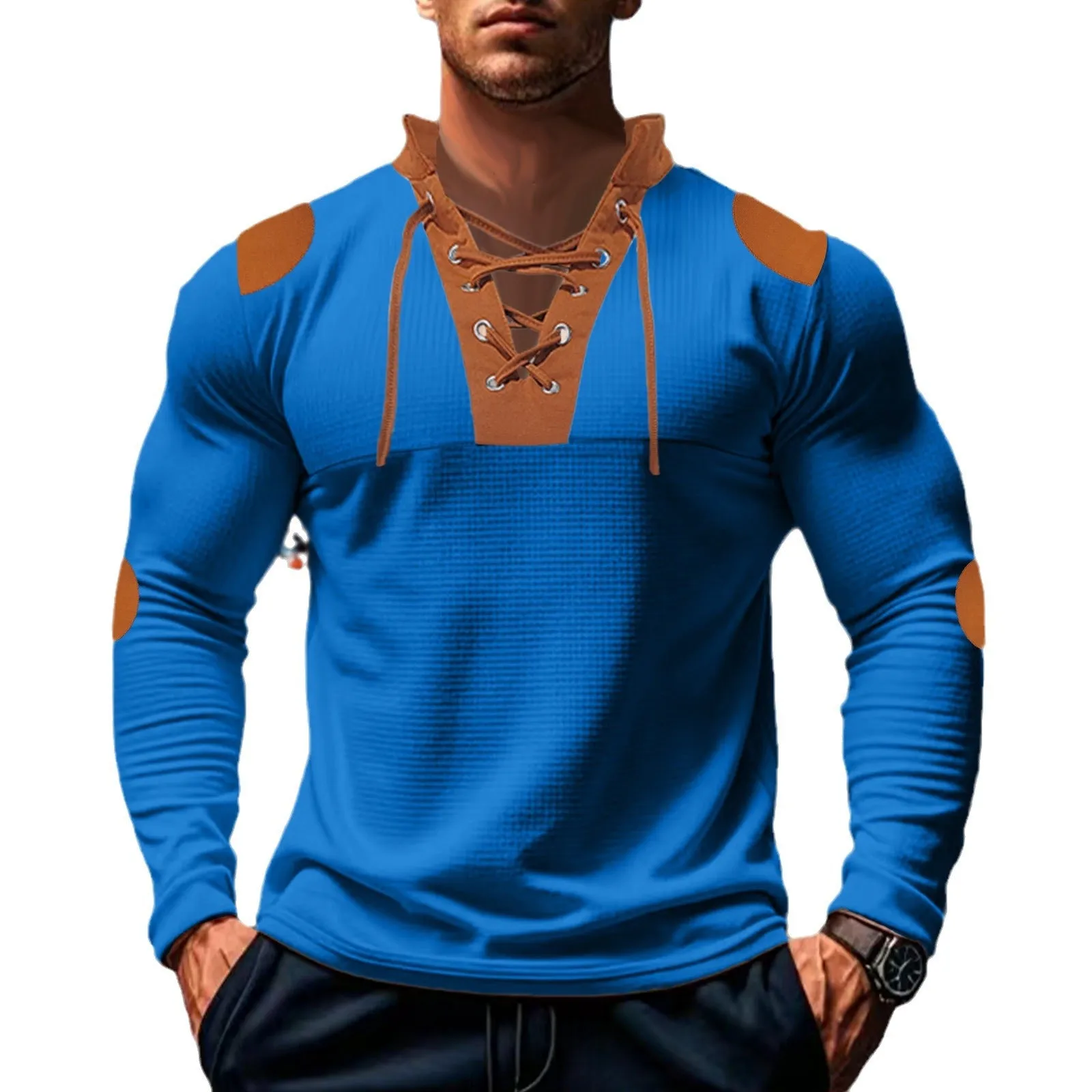 WAFFLE WESTERN DENIM HENLEY SHIRT LONG SLEEVE STAND UP COLLAR EMBROIDERED T-SHIRT