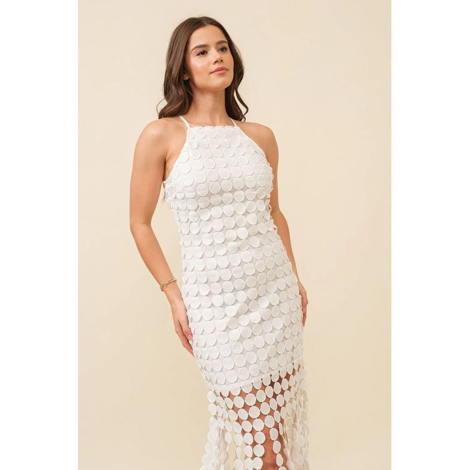 Whitney Circle Fringe Crochet Midi Dress-WHITE