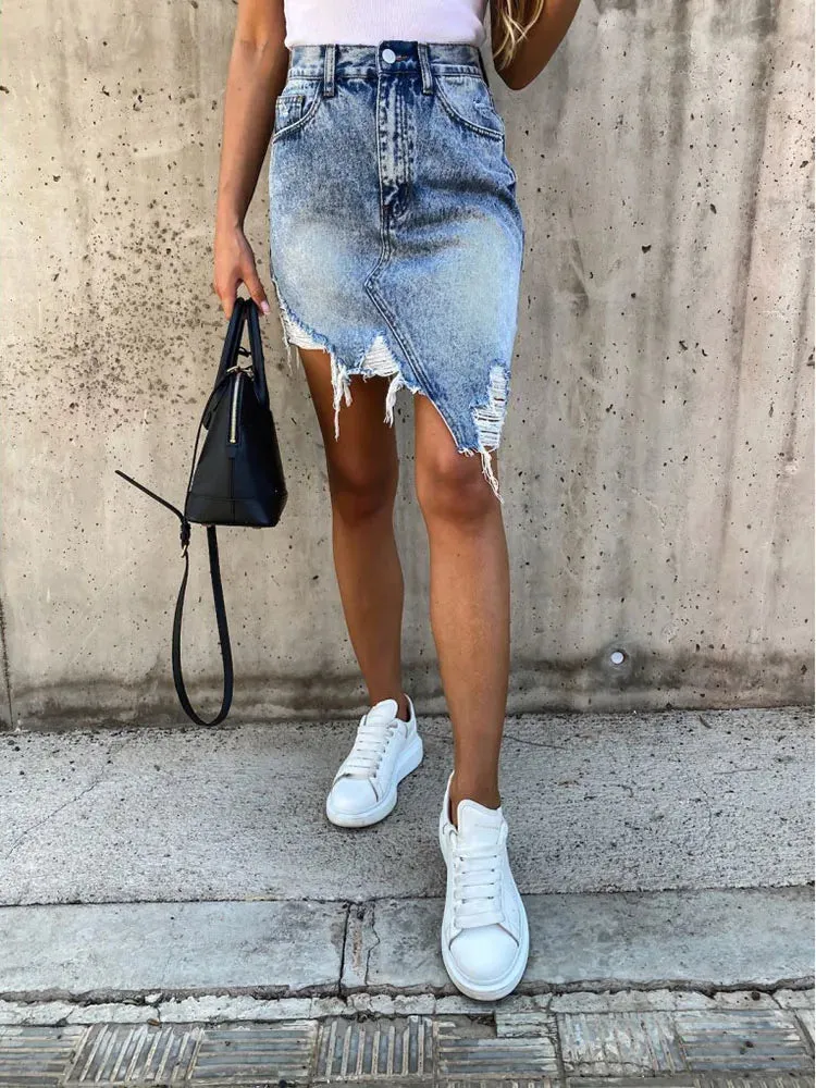 Women High Waist Ripped Shorts Skirt Jeans Lady Denim Skirt