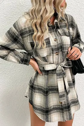 WOMEN LONG LENGTH PLAID PATTERN BELTED SHACKET_CWTSTL0425