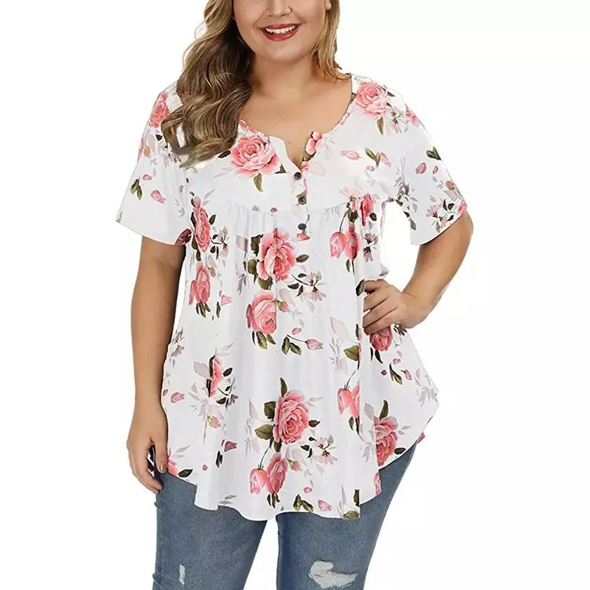 Women's Henley Shirts Floral Tunic Tops Short Sleeve Blouses