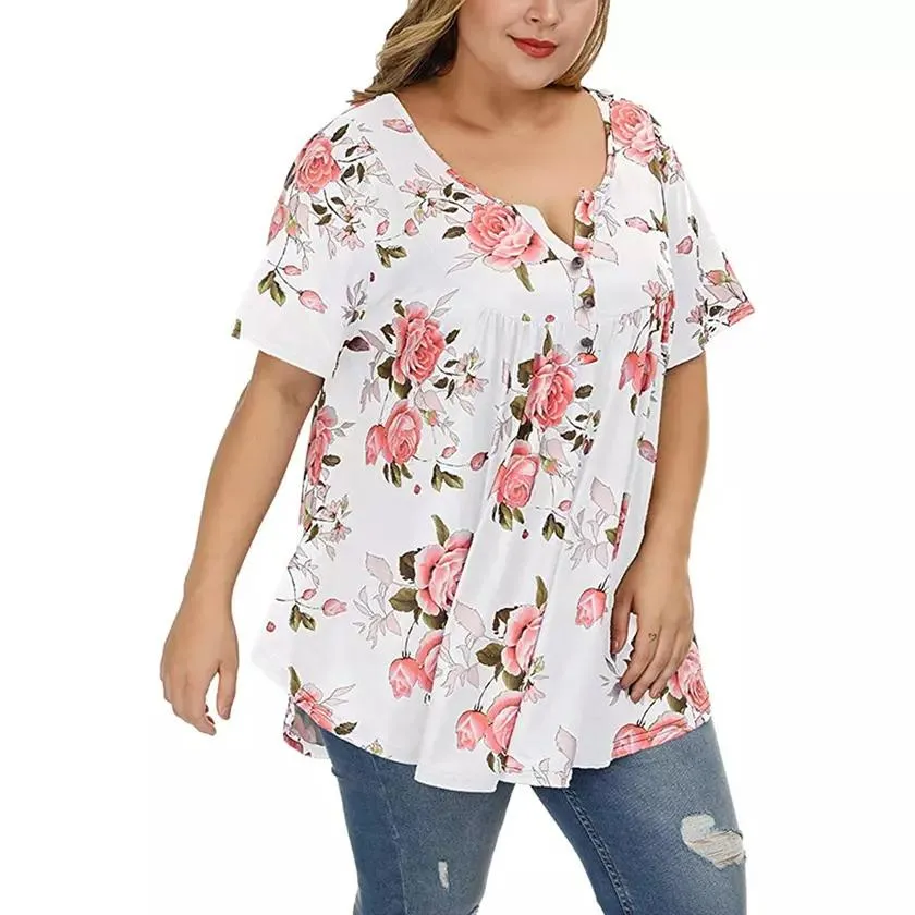 Women's Henley Shirts Floral Tunic Tops Short Sleeve Blouses