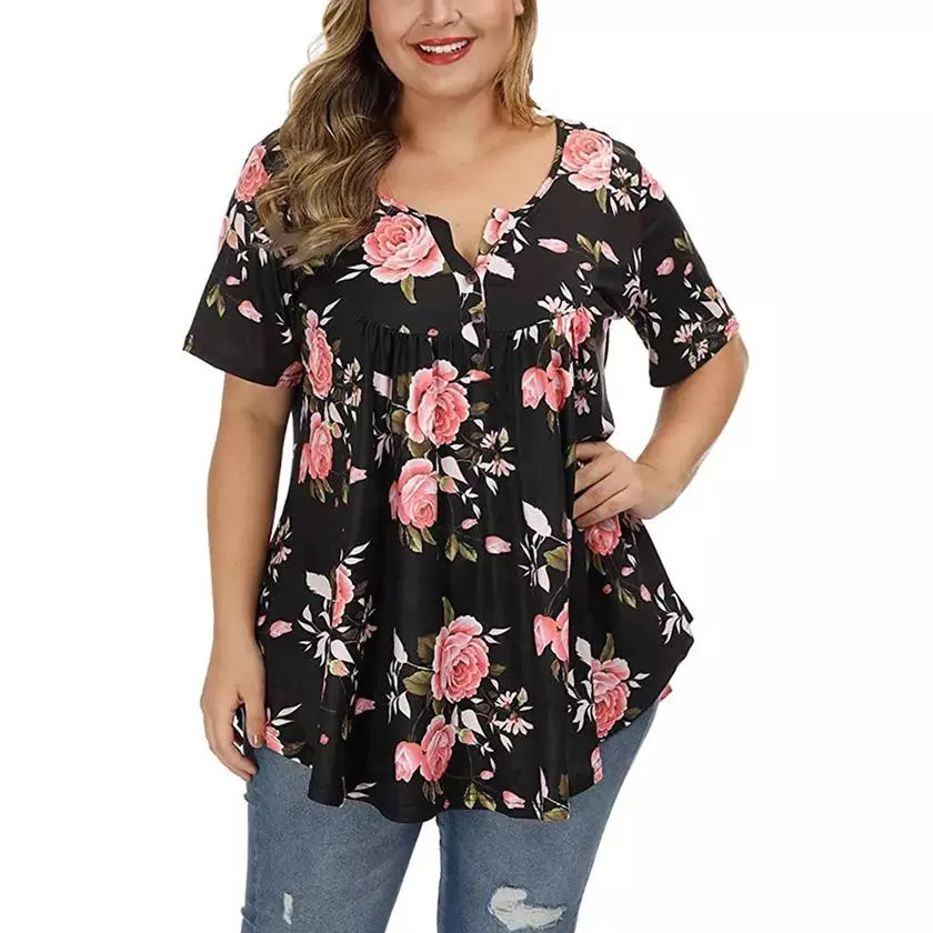 Women's Henley Shirts Floral Tunic Tops Short Sleeve Blouses