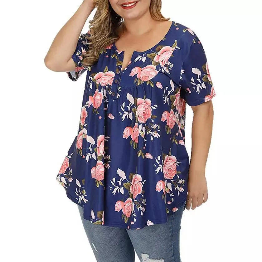 Women's Henley Shirts Floral Tunic Tops Short Sleeve Blouses