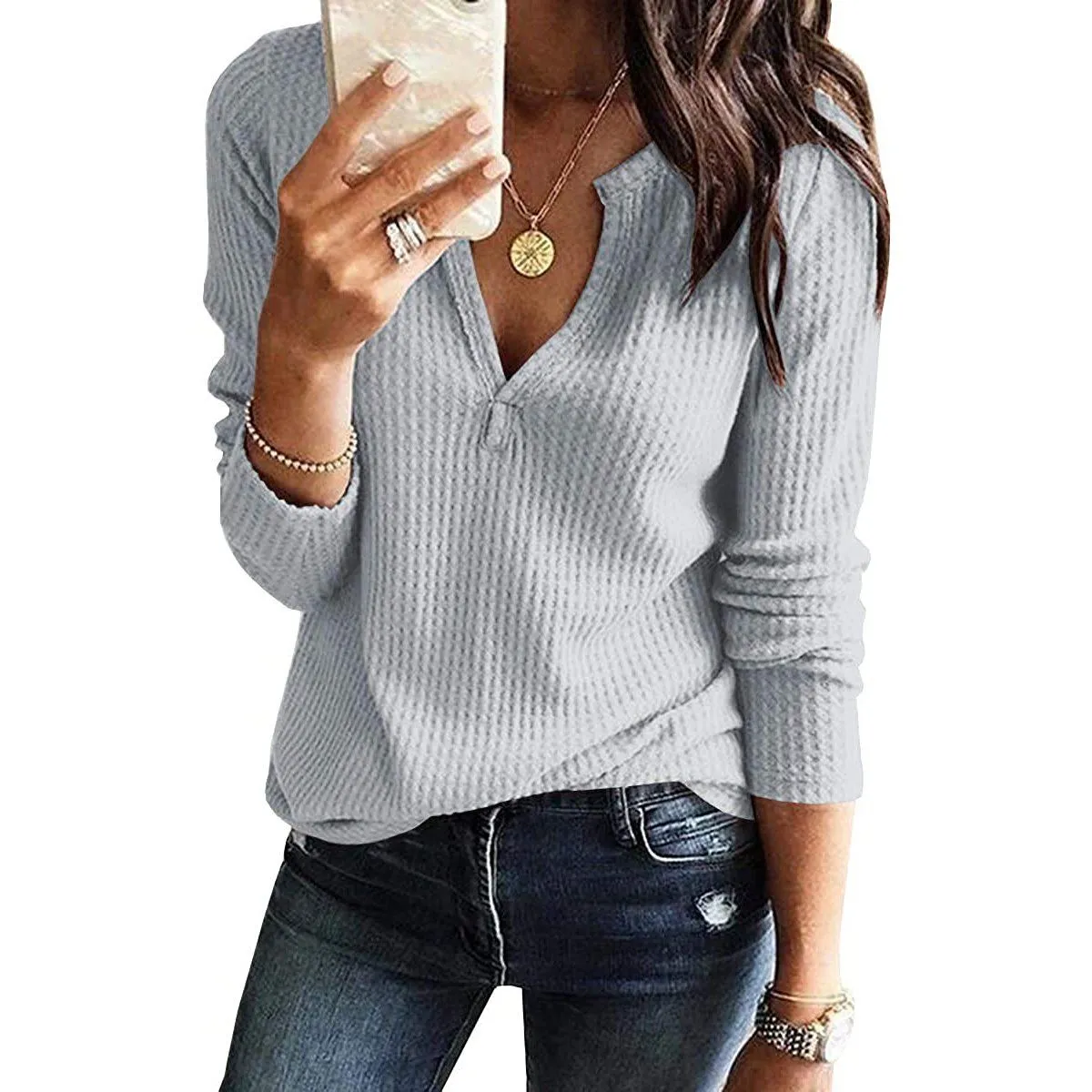 Women's V Neck Waffle Knit Henley Tops