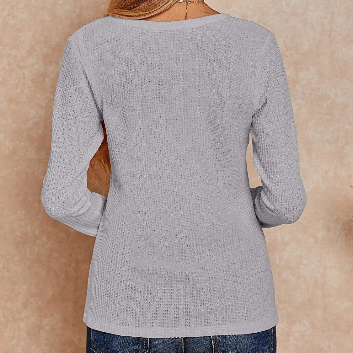 Women's V Neck Waffle Knit Henley Tops