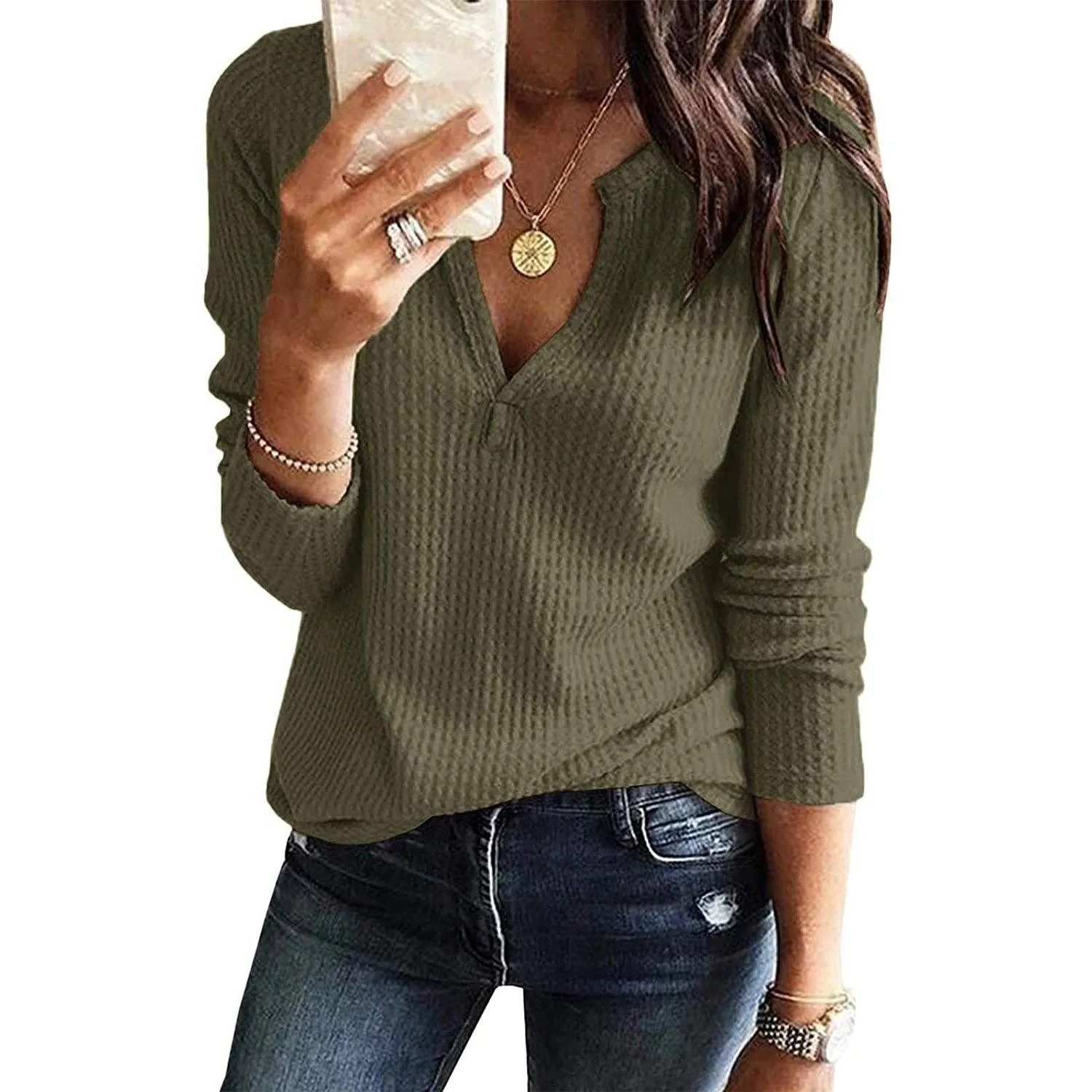 Women's V Neck Waffle Knit Henley Tops