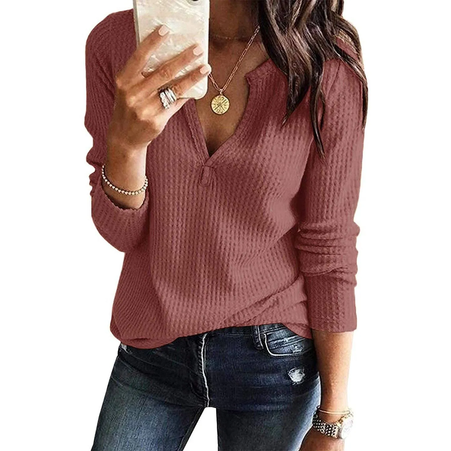 Women's V Neck Waffle Knit Henley Tops