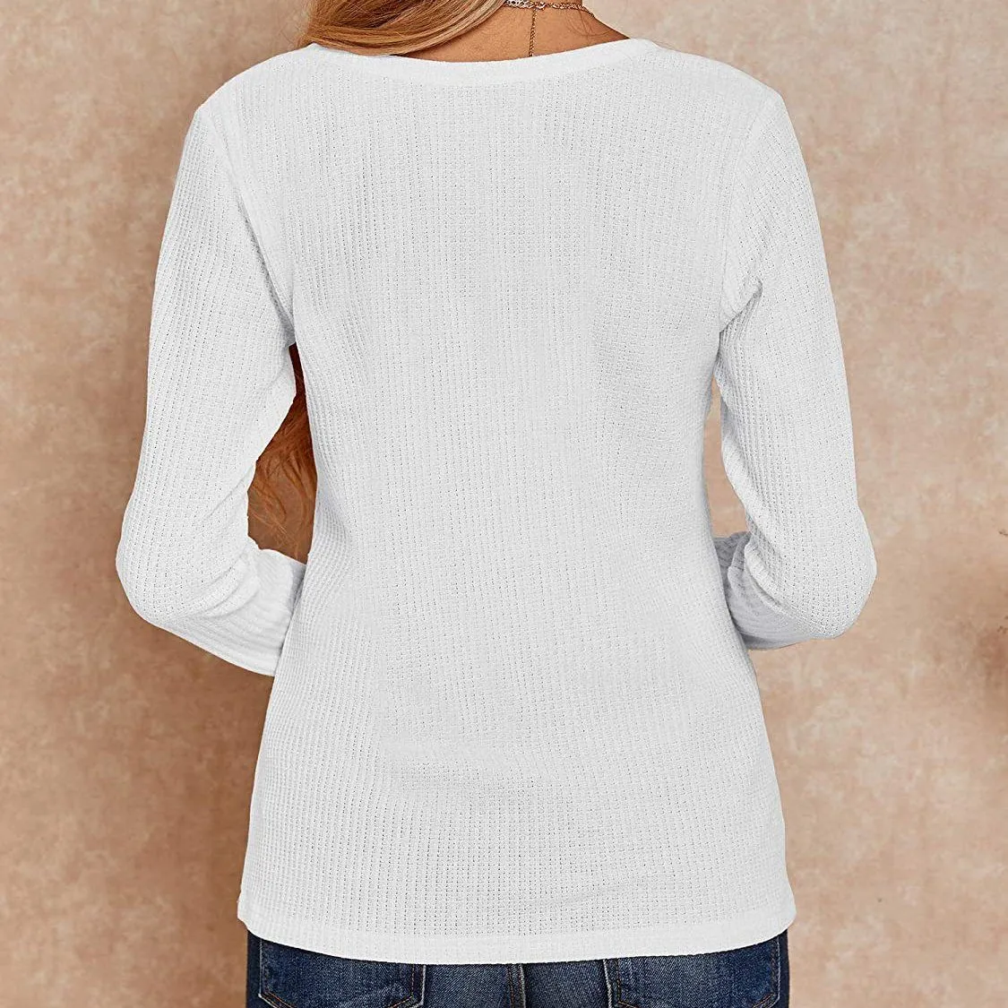 Women's V Neck Waffle Knit Henley Tops