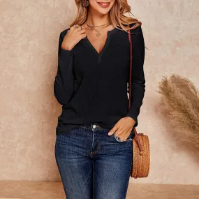 Women's V Neck Waffle Knit Henley Tops