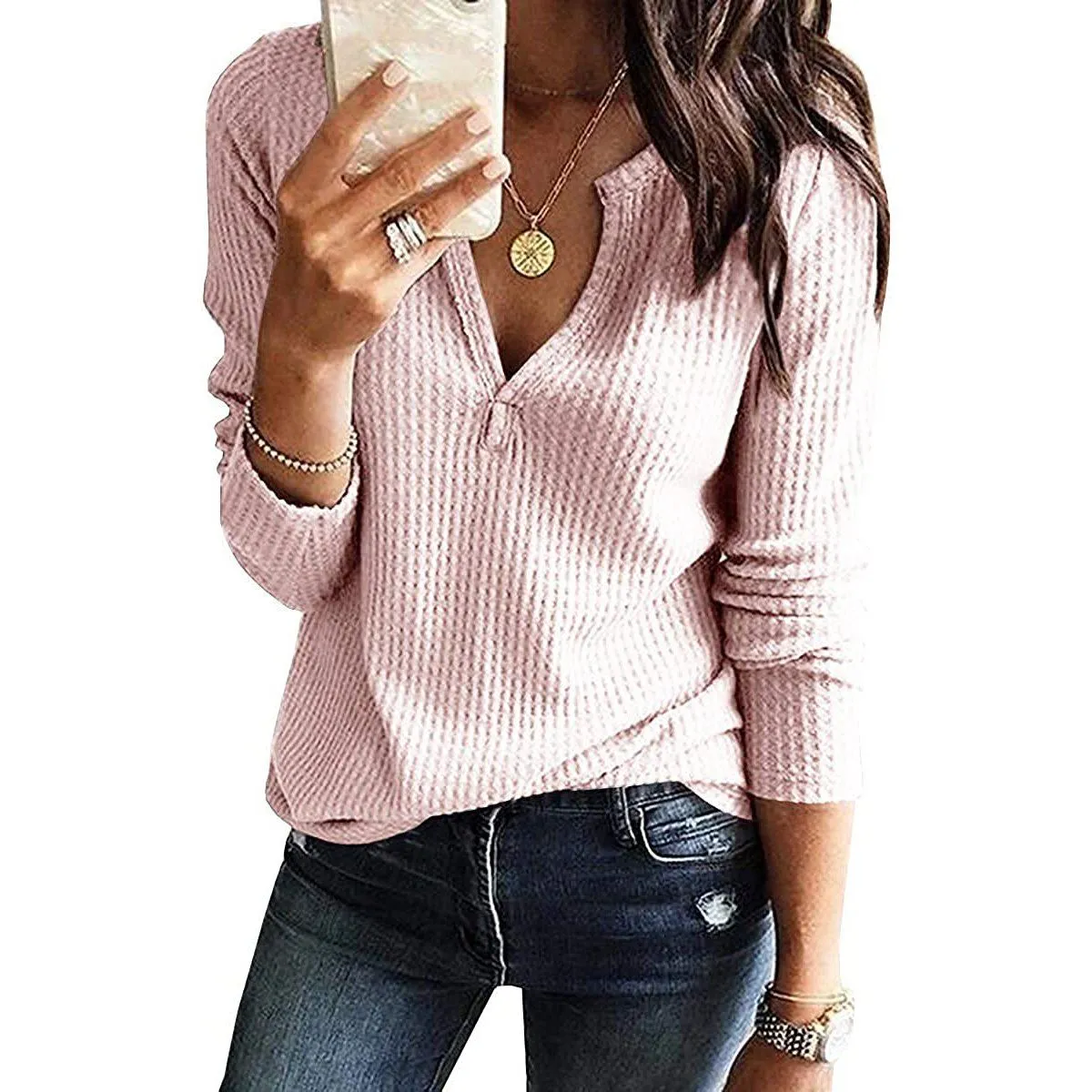 Women's V Neck Waffle Knit Henley Tops