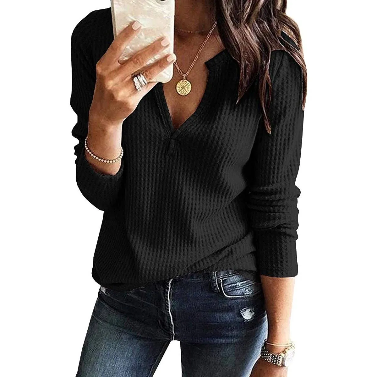 Women's V Neck Waffle Knit Henley Tops