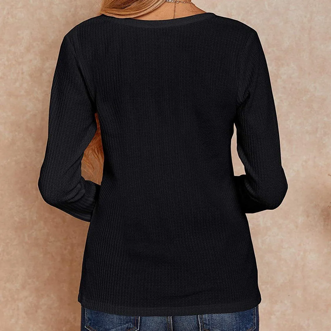 Women's V Neck Waffle Knit Henley Tops