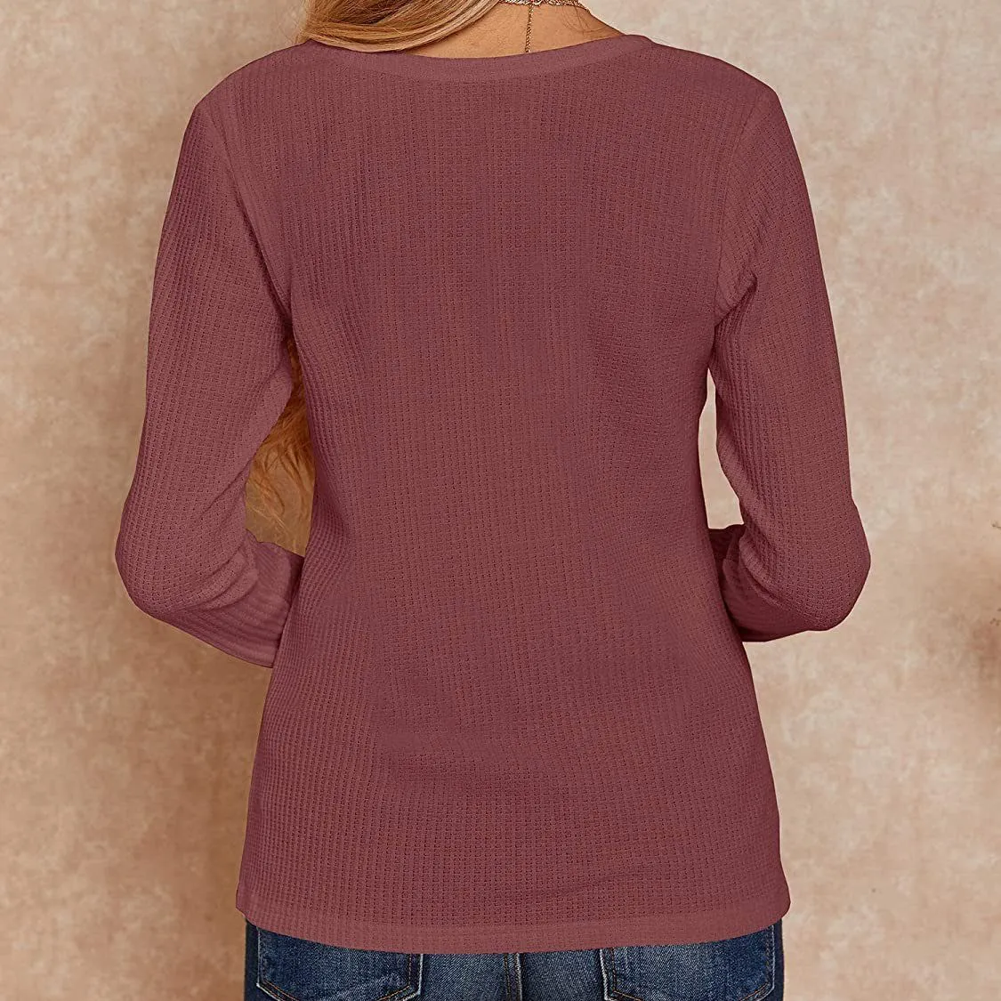 Women's V Neck Waffle Knit Henley Tops