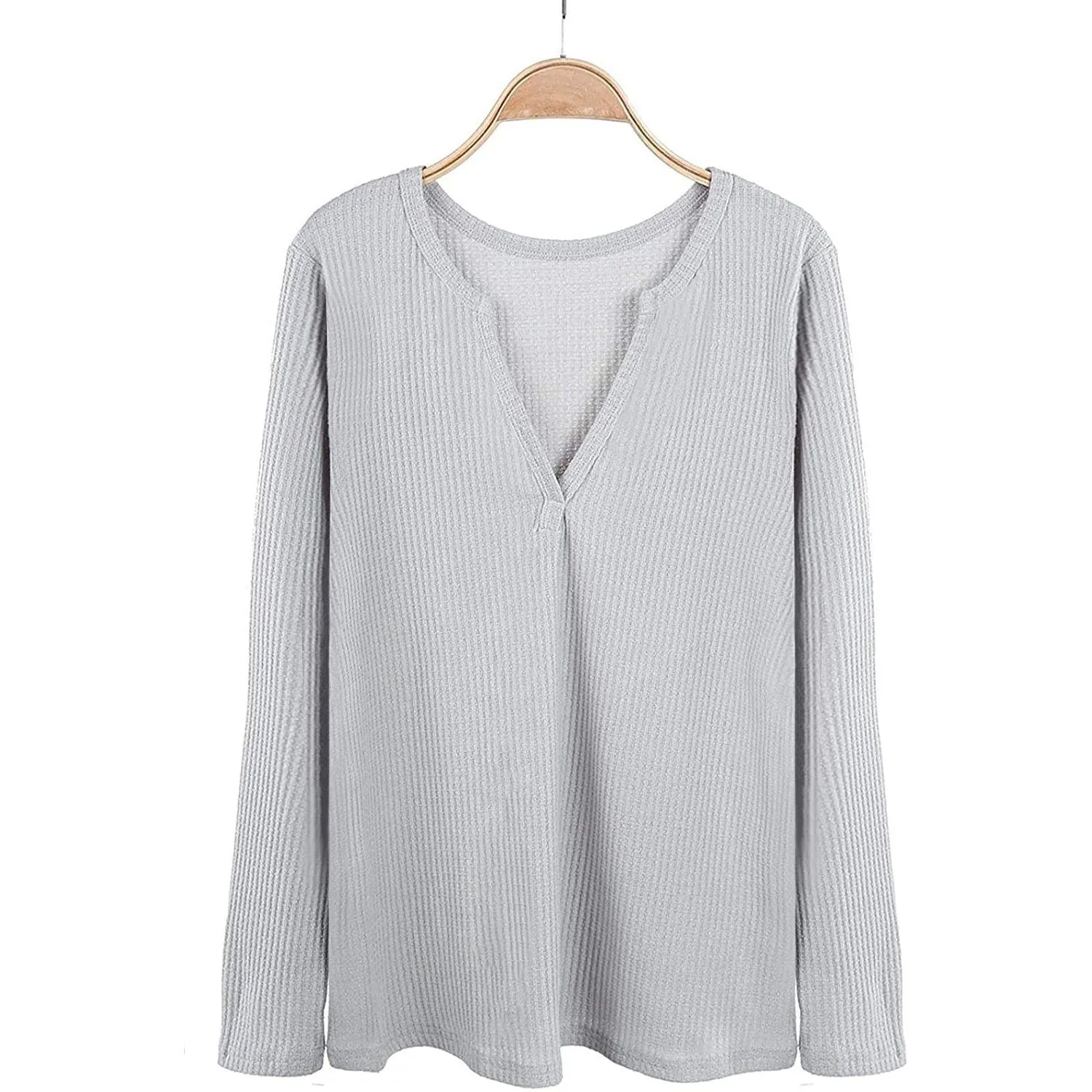 Women's V Neck Waffle Knit Henley Tops