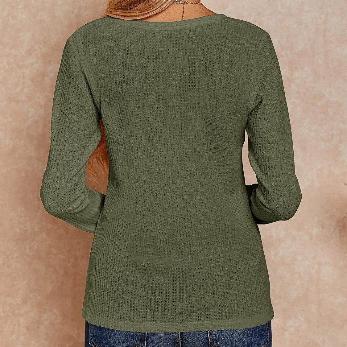 Women's V Neck Waffle Knit Henley Tops