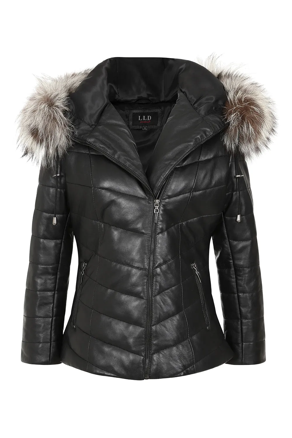 Women's Warm Quilted Genuine Black Leather Coat With Fur Hood - 'AMBER-AKTUS'