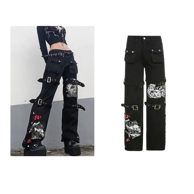 Y2K Jeans Retro Sashes Denim Pants Ruched Drawstring Cargo Pants