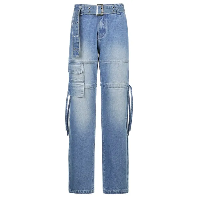 Y2K Jeans Retro Sashes Denim Pants Ruched Drawstring Cargo Pants