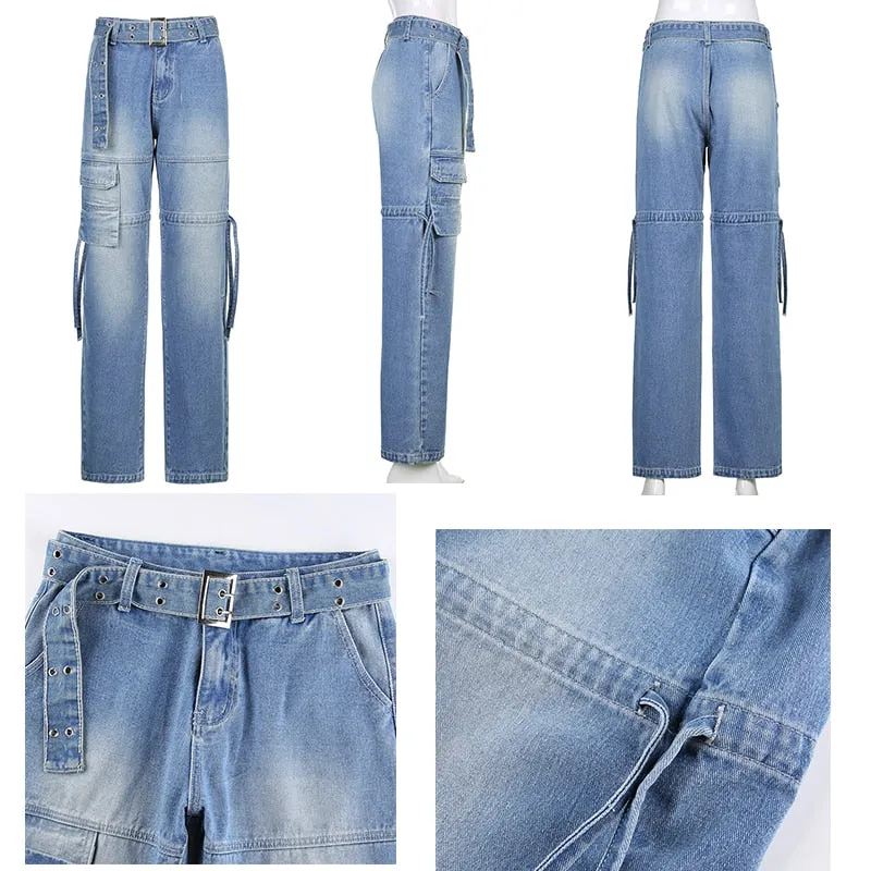 Y2K Jeans Retro Sashes Denim Pants Ruched Drawstring Cargo Pants