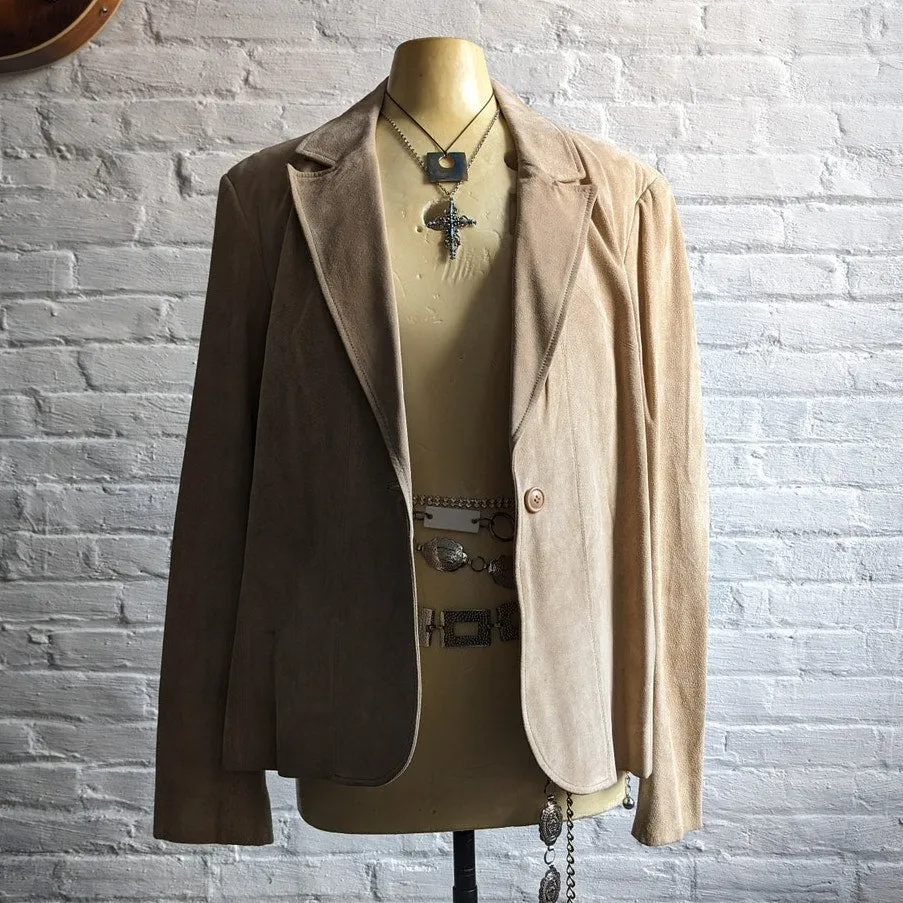 Y2K Vintage Tan Suede Leather Jacket Neutral Western Minimalist Boho Chic Coat