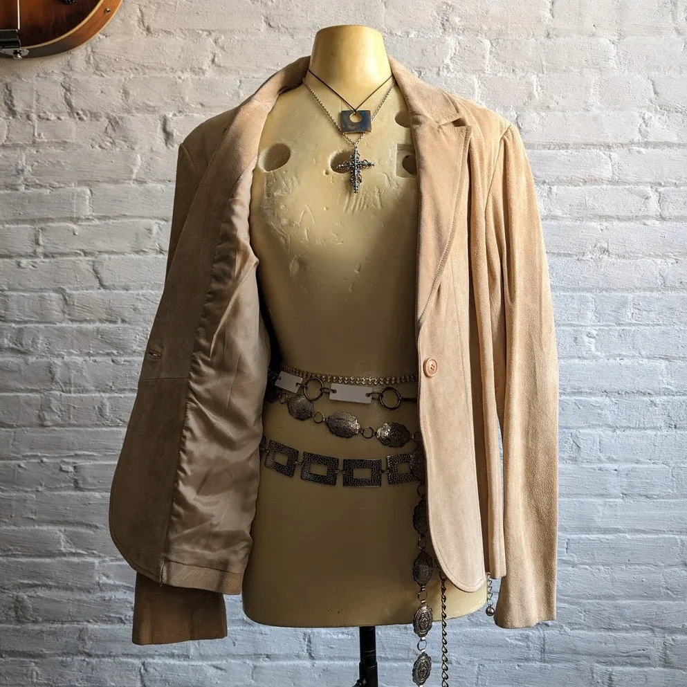 Y2K Vintage Tan Suede Leather Jacket Neutral Western Minimalist Boho Chic Coat