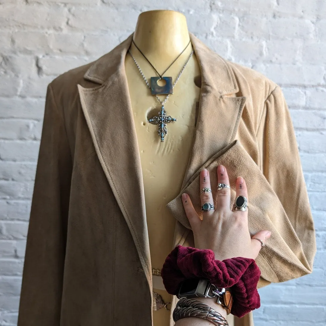 Y2K Vintage Tan Suede Leather Jacket Neutral Western Minimalist Boho Chic Coat