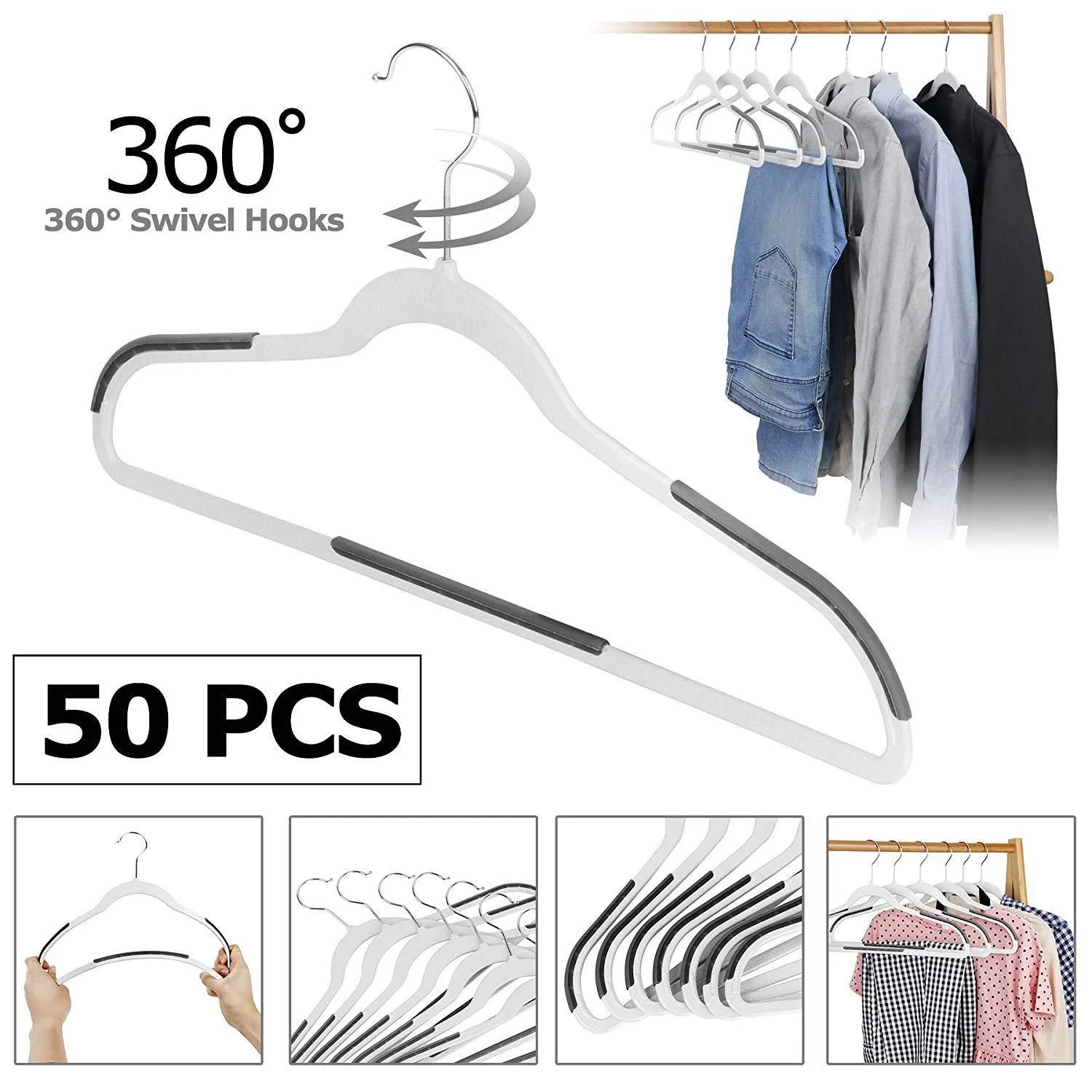 ZENY™ 50/100 Pack Plastic Coat Hangers, Space Saving Clothes Hanger with Non-Slip Stripe and 360° Swivel Hooks