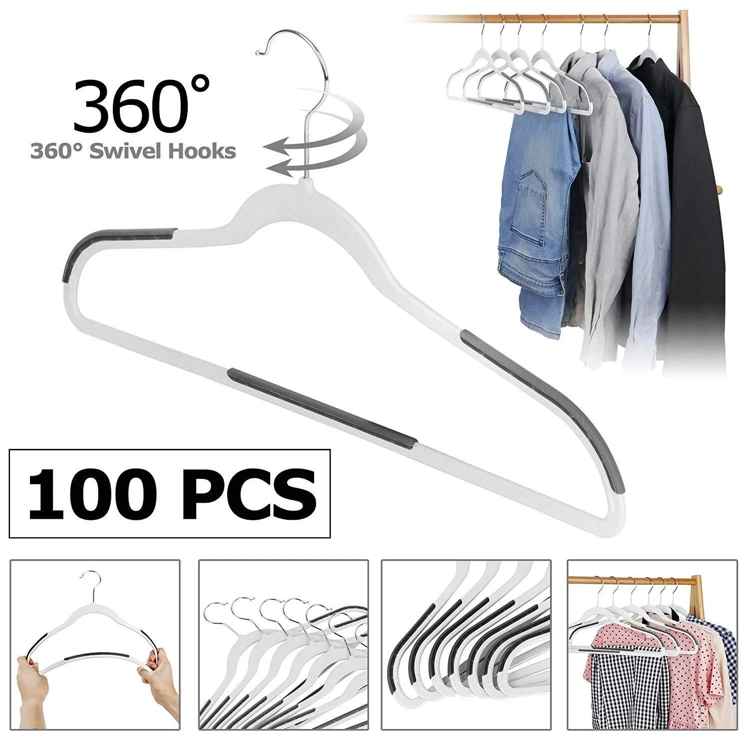 ZENY™ 50/100 Pack Plastic Coat Hangers, Space Saving Clothes Hanger with Non-Slip Stripe and 360° Swivel Hooks