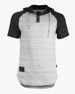 Zimego Short Sleeve Raglan Henley Hoodie Round Bottom Semi Longline T-Shirt