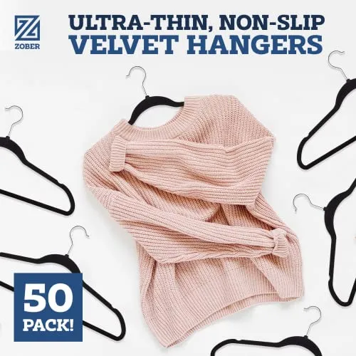 Zober Velvet Hangers 50 Pack - Heavy Duty Black Hangers for Coats, Pants & Dress Clothes - Non Slip Clothes Hanger Set - Space Saving Felt Hangers for Clothing